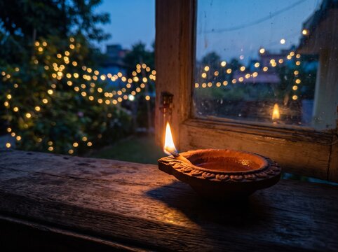 Traditional clay diya oil lamp burning on wooden windowsill during Diwali evening with fairy ligjts bokeh in background 