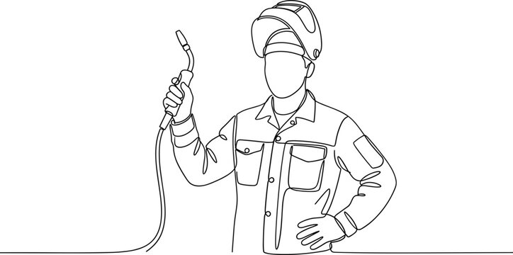 A continuous line art drawing of a professional welder wearing a helmet holding a welding torch.