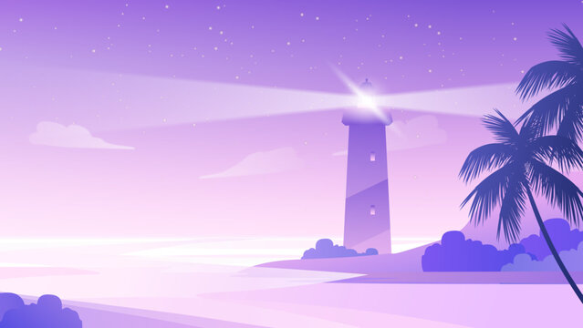 A coastal lighthouse shines amidst the dim twilight, contrasting with the tranquil sea and a star-studded horizon. It serves as a guiding beacon for passing ships, set against the dark silhouettes of 