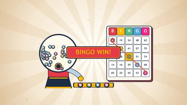Animated retro bingo ball machine with air-blower ball swirl physics, 3D shaded balls, transparent exit tube chute mechanism, drawn winning numbers daubed on a bingo card, and celebratory jackpot expl