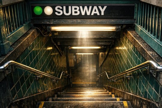 A metropolitan subway entrance with stairs and signage, ideal for urban and transportation-related concepts