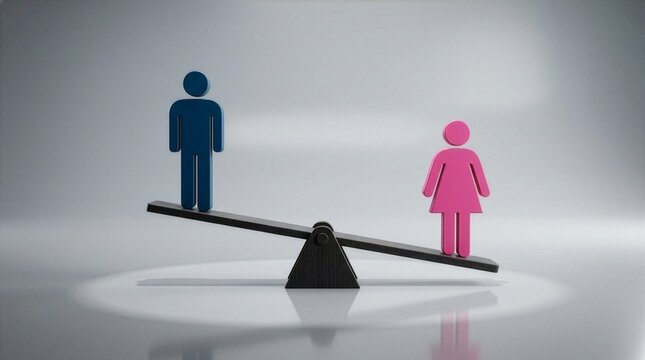 Gender equality concept featuring a male and a female figure on a balanced see-saw scale, symbolizing human rights, diversity, inclusion, justice, and fair career opportunities in a corporate environm
