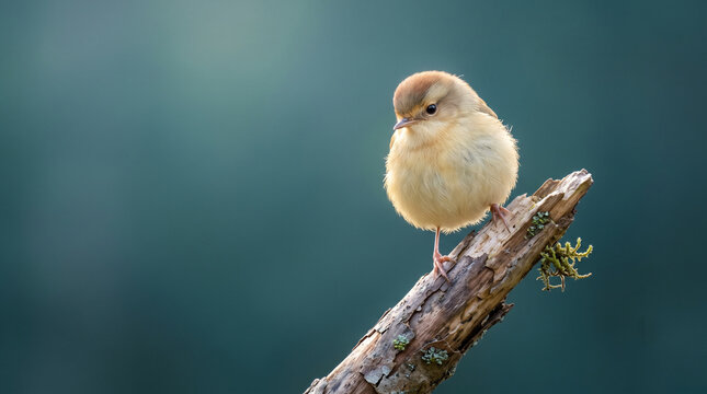 Tiny Fluffy Yellow Songbird Perched on a Weathered Branch Against a Teal Background