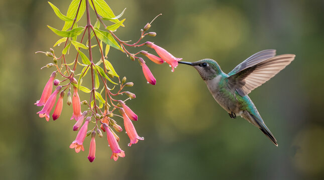  Hummingbird Hovering While Feeding on Pink Trumpet Flowers Against Soft Green Background