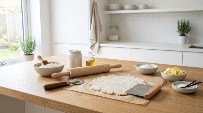 A kitchen counter with a rolling pin, flour, and bowls of butter and cheese.