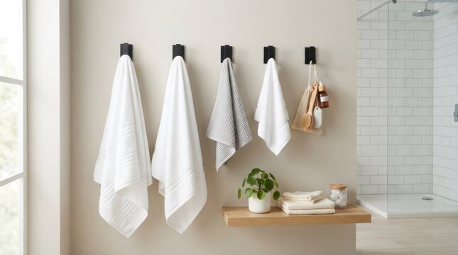A bathroom scene with a white tiled shower, a wooden shelf with various bathroom items, and a white towel rack with white towels and a black hook.