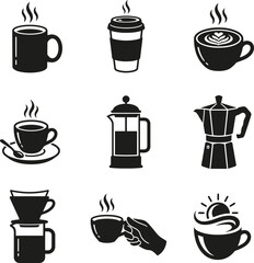 Fototapeta premium Collection of black and white coffee icons and brewing methods