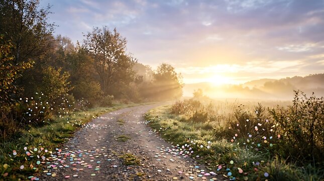 New year road at sunrise with festive colorful confetti