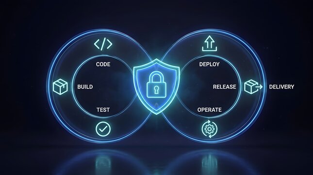 Secure DevOps software development lifecycle infinity loop concept with glowing digital shield and process stages