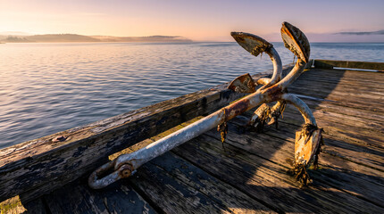 Fototapeta premium A rusty vintage anchor rests on a weathered wooden pier by a serene lake during a peaceful sunrise morning