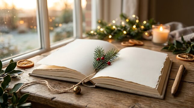 New year resolution goals on blank open book by a cozy window