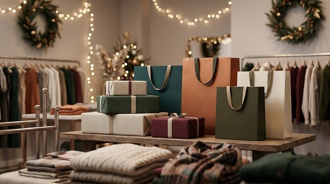 New year shopping bags and gift boxes in a festive clothing boutique