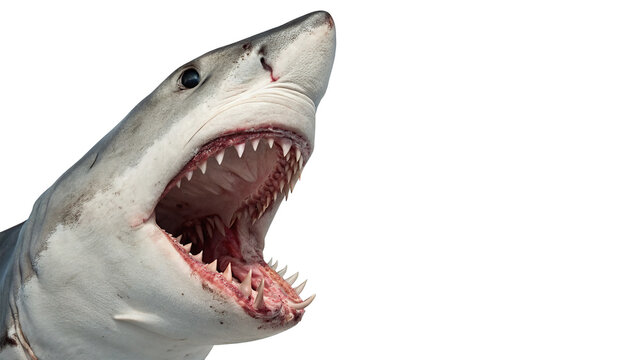 Scary dangerous shark head with open mouth showing sharp teeth isolated on transparent background