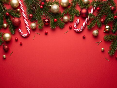 Festive Christmas Border with Evergreen Branches, Ornaments, and Candy Canes on a Vibrant Red Background, Top View
