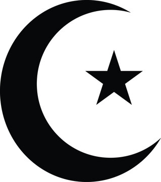 Black Islamic crescent moon and star symbol representing Muslim faith and Ramadan