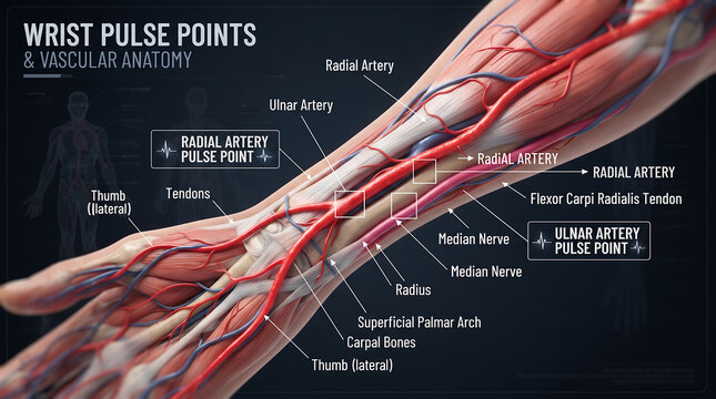 Anatomical illustration showing blood vessels and pulse points at the wrist, indicating key pulse detection locations such as the Radial Artery Pulse Point and the Ulnar Artery Pulse Point.
