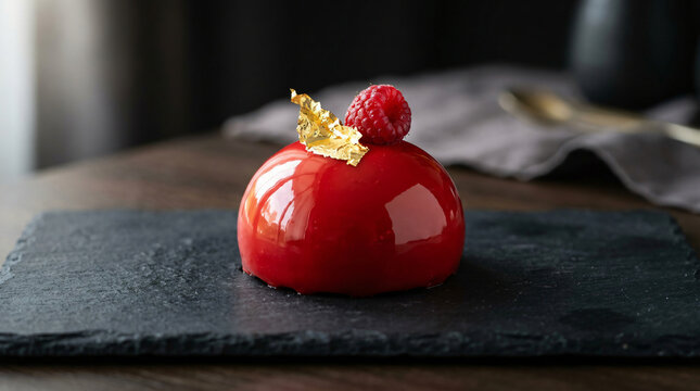 A gourmet red glazed mousse cake topped with a fresh raspberry and gold leaf on a slate board.