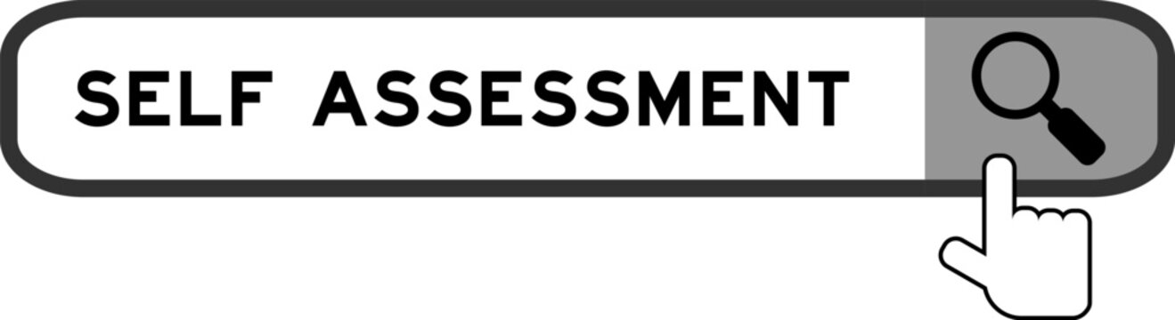 Search banner in word self assessment with hand over magnifier icon on white background