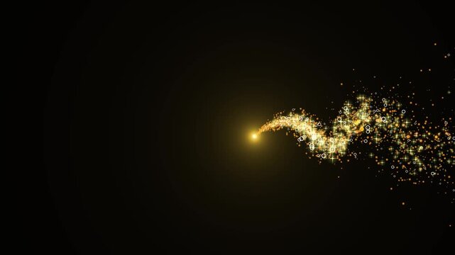 Golden sparkling comet light streak moving from right to left in wavy curved path, magical fairy dust particles trail explosion motion graphic overlay isolated on dark background 4K.