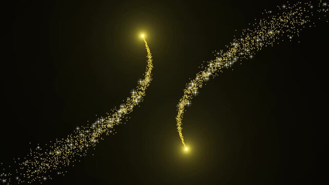 Golden sparkling light streaks swirling from opposite corners in curved path, magical fairy dust particles trail explosion motion graphic overlay isolated on black screen 4K.