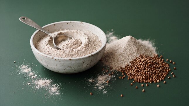 Buckwheat flour in a bowl with raw groats on green background