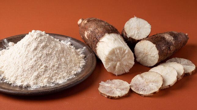 Fresh cassava roots and flour on plate