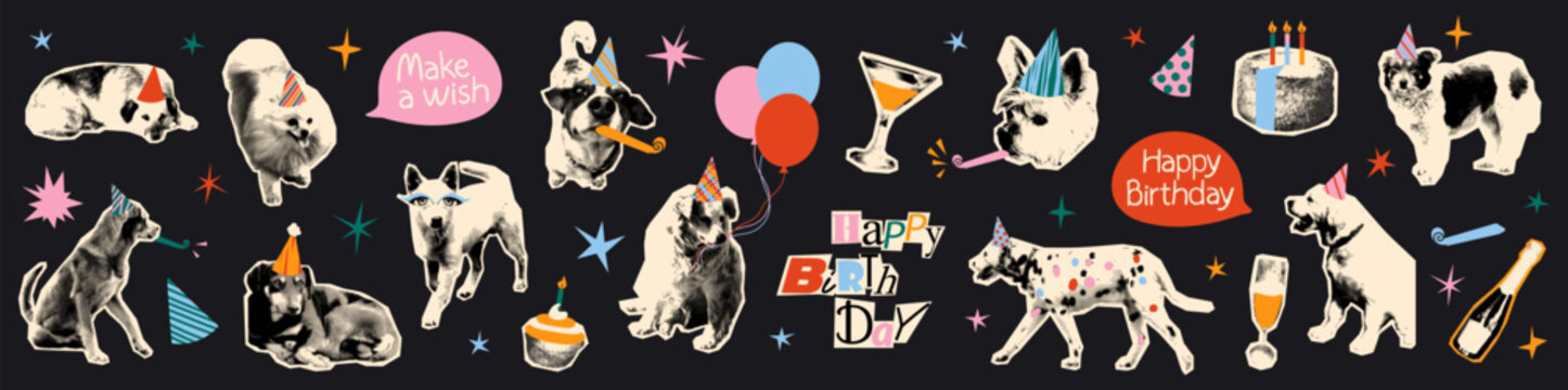 Funky birthday collage pack with halftone dogs wearing party hats, cake, balloons, champagne, party horns, doodles and greetings. Retro scrapbook paper stickers on black background Vector illustration