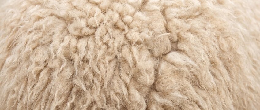 Alpaca wool fuzzy texture with soft curly fibers. Fluffy fleece fabric and textile background
