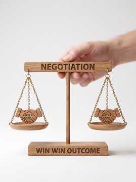 Hand holding a wooden balance scale symbolizing negotiation and a win-win outcome on a white background