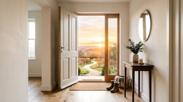 Open door in a cozy house at sunrise for a fresh new year