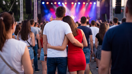 Obraz premium Romantic couple enjoying live music concert together, embracing during vibrant festival performance