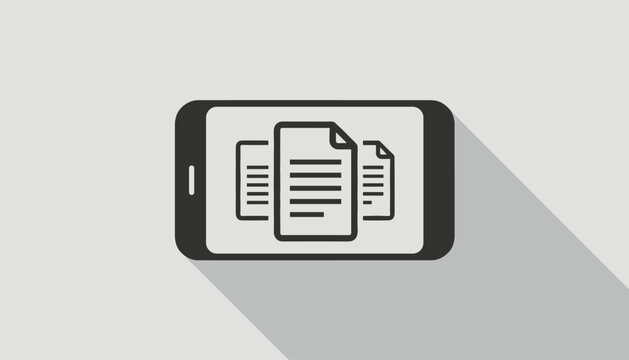 Horizontal black smartphone with multiple document pages displayed on screen against a grey background.