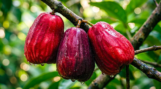 Fresh red water apples with water droplets hanging on tree branch