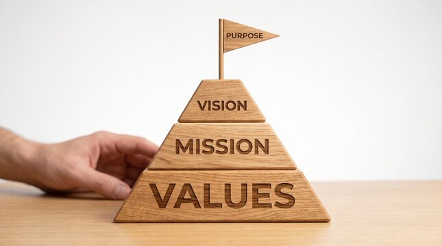 Hand presenting a wooden pyramid illustrating corporate vision mission and values with purpose flag