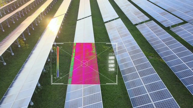 Infrared drone solar panel inspection with animated thermal scan visualization