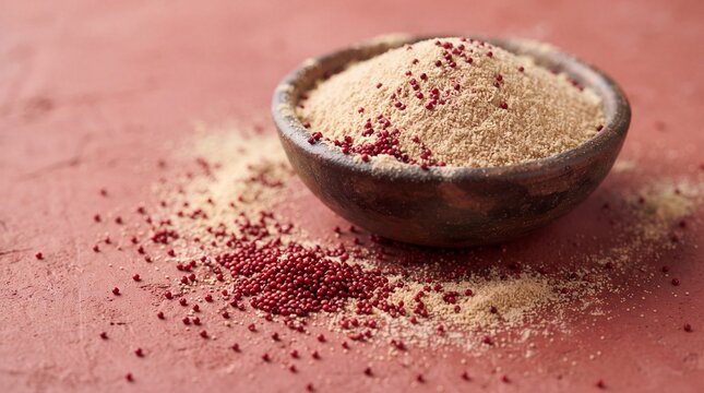 Asafoetida powder and red peppercorns in small wooden bowl