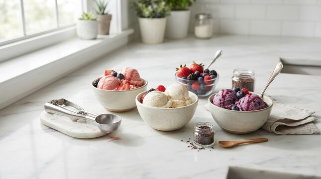 A kitchen counter with bowls of ice cream and fruit, with a window in the background.