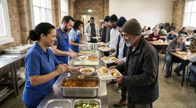 Meal serving line in homeless shelter. Support services and interpersonal communication
