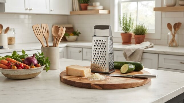 A kitchen scene with a grater, vegetables, and a bowl of carrots.