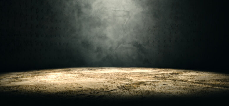  Fondo de suelo oscuro y sucio con foco. Ilustraci&oacute;n 3D. Fondo de escenario de estudio; iluminaci&oacute;n dram&aacute;tica; plataforma minimalista vac&iacute;a para presentaci&oacute;n de productos.