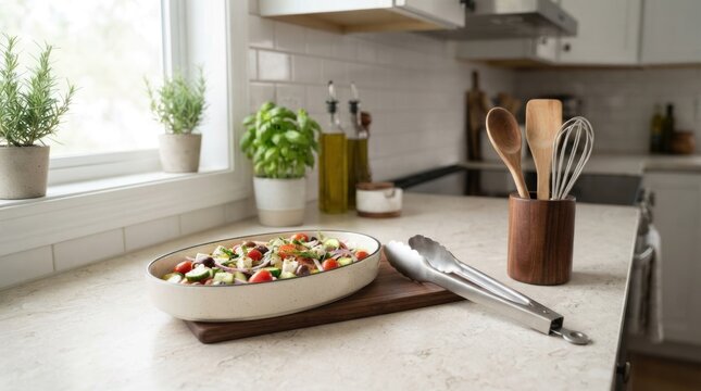 A kitchen scene with a salad on a countertop, utensils, and plants.