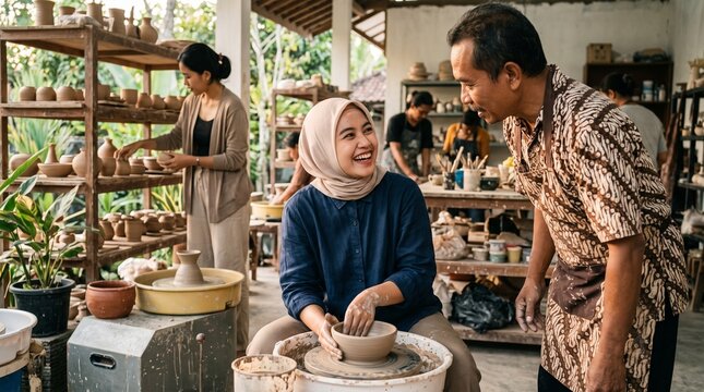 Joyful young Indonesian woman in hijab learning ceramic pottery from an artisan at a traditional workshop, hands-on craft class, creative hobby.
