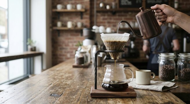 Coffee dripper on stand. Coffee brewing equipment and preparation