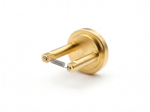 Thermal Conductivity Detector (TCD) filament. Micro-machined tungsten-rhenium wire coil suspended between gold-plated electrical posts on white background.