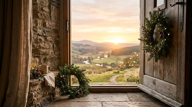 New year sunrise seen through an open cottage door with wreaths