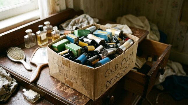 A cardboard box full of old vintage camera film sits on a wooden dresser.