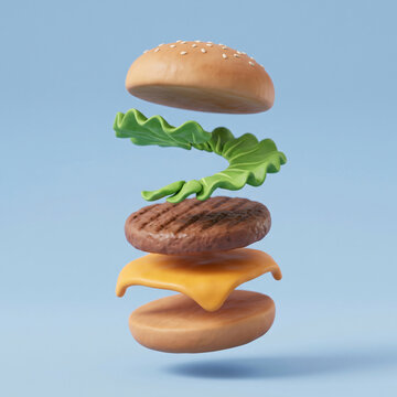 Floating burger ingredients isolated on a light blue background 3d render.