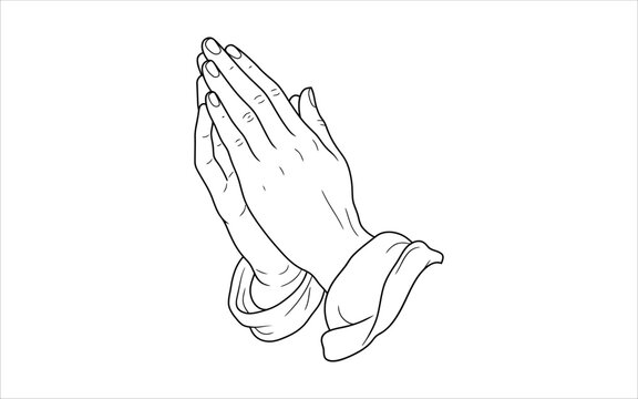 A simple black and white sketch depicts praying hands as a symbolic representation of faith hope and deep spiritual devotion and belief