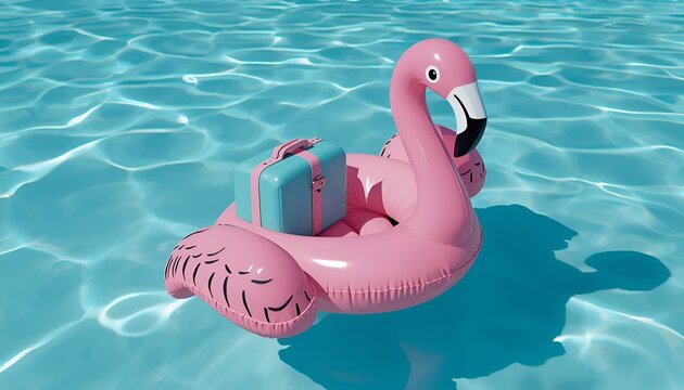 Pink Flamingo Inflatable Pool Float with Travel Suitcase in Turquoise Blue Water, 3D Rendering of Summer Vacation Travel Concept, Holiday Tourism and Creative Poolside Scene