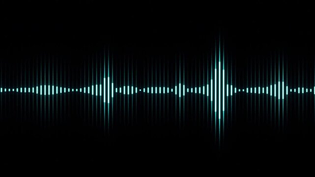 Slender blue audio equalizer waveform animation, pale neon stripes vibrating as luminous threads in a dark void, trance rhythm, minimalist electronic sound visualization isolated on black